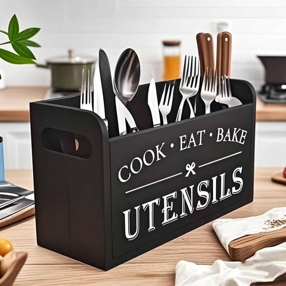 Wooden Kitchen Utensil Holder 3 Compartment Countertop Organizer, Rustic Wood Kitchen Tool Storage Box Wall Mounted or Countertop, Country Style Kitchen Accessories for Cook Bake Eat Tools