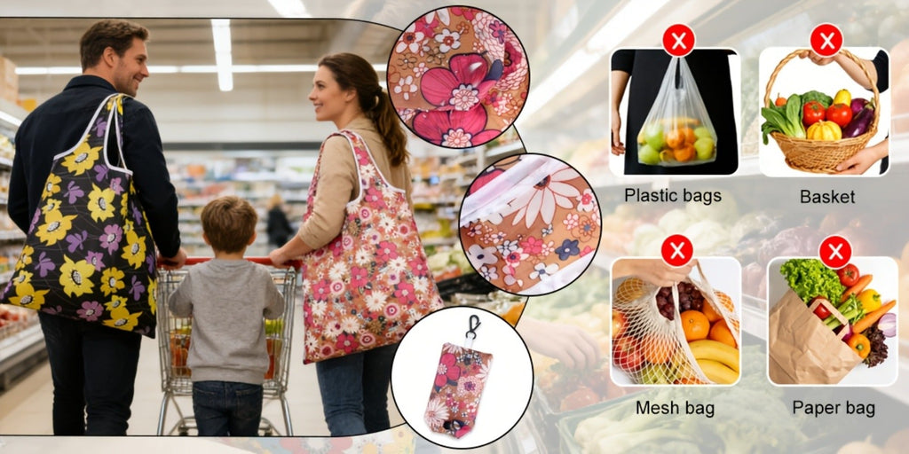 Reusable Grocery Bags Foldable Nylon Tote Bags Waterproof Washable Eco-Friendly Shopping Bag Set with Cute Floral Stripe Polka Dot Leopard Print 18/36pcs