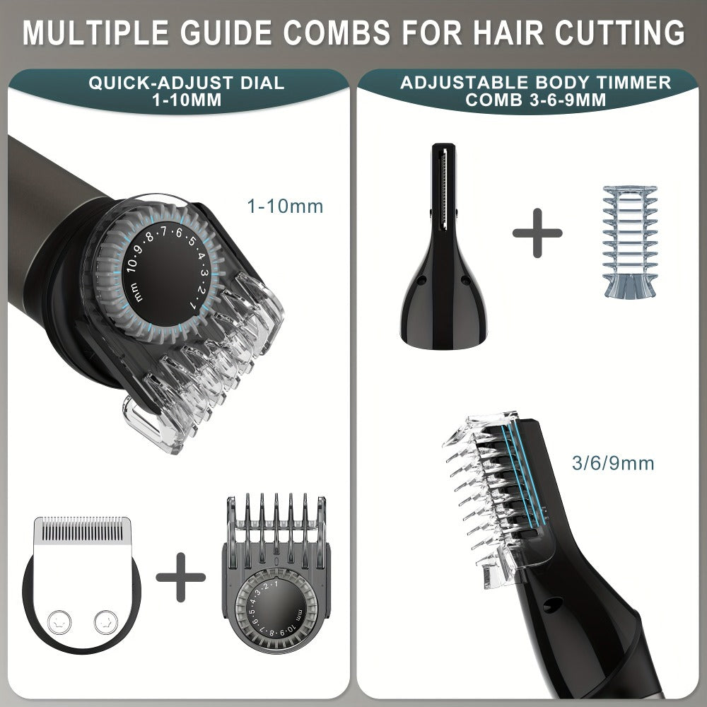 7-in-1 Hair Clipper Grooming Kit for Men Professional Cordless Barber Trimmer Set Beard Nose Body Hair USB Rechargeable 9 Guide Combs Self-Sharpening Blade Home Barber Kit Black