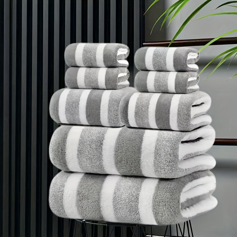 Hotel Towel Set 8 Piece No Hair Loss 280GSM - Five Star Standard Two-Color Striped Super Soft High Absorbency | 2 Bath Towels 2 Face Towels 4 Hand Towels | Grey Red Green | Home Bathroom Spa Gift