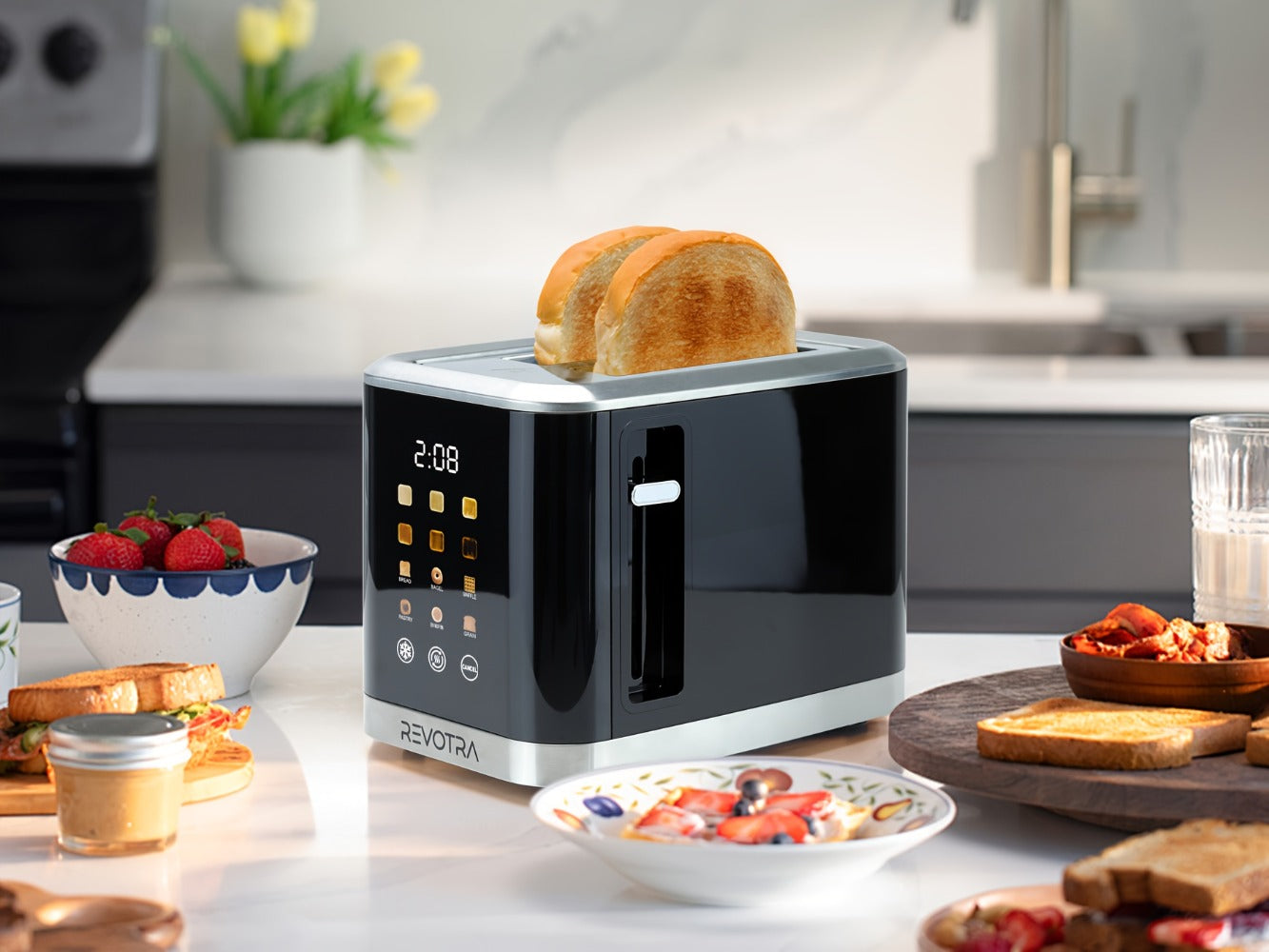 Stainless Steel Toaster 2 Slice with LED Display & Extra Wide Slots ¨C 6 Shade Settings, Defrost Reheat Cancel Functions, Removable Crumb Tray, Compact Design for Bagels, Waffles & Bread
