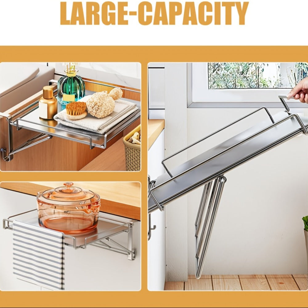 Foldable Stainless Steel Kitchen Storage Rack ¨C Cabinet Door Organizer & Countertop Shelf for Kitchen, Bathroom & Pantry | Space-Saving Multi-Use Hanging Rack