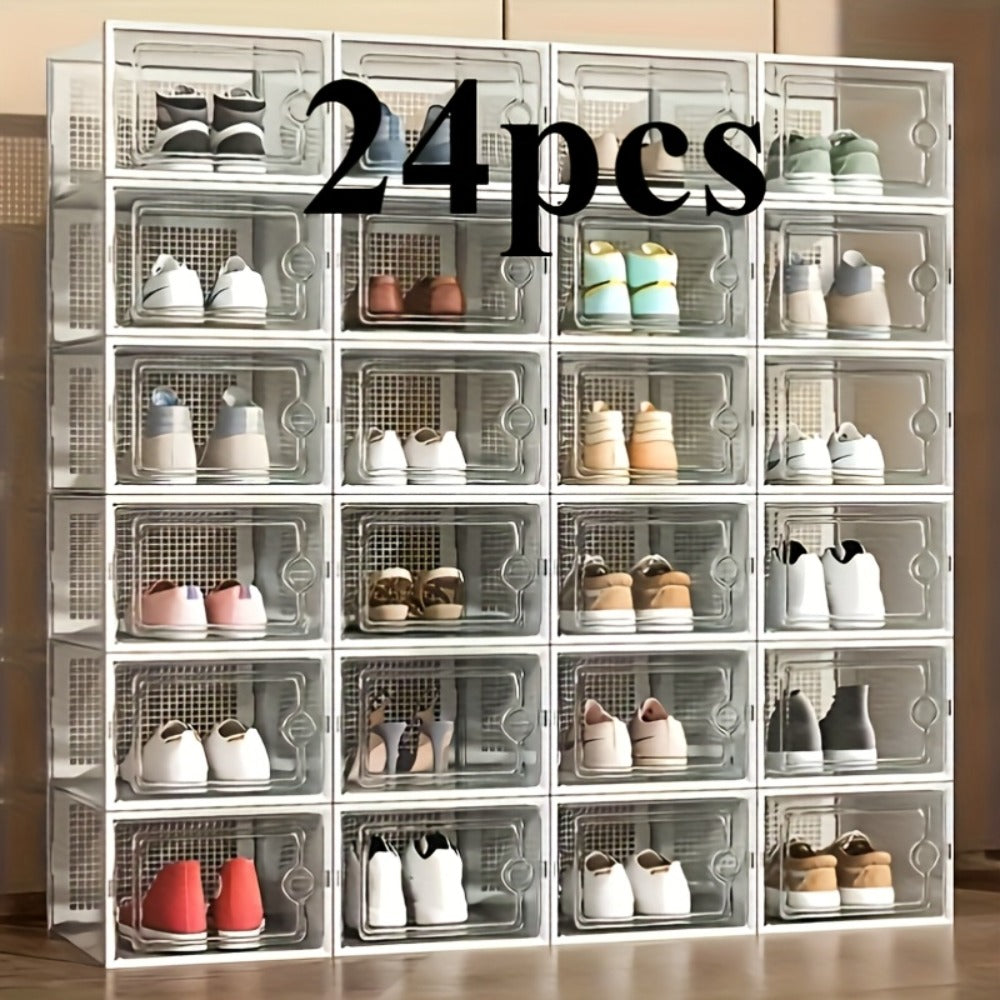 Transparent Stackable Shoe Boxes with Lid ¨C Foldable Clear Sneaker Storage Organizer (6/24pcs)