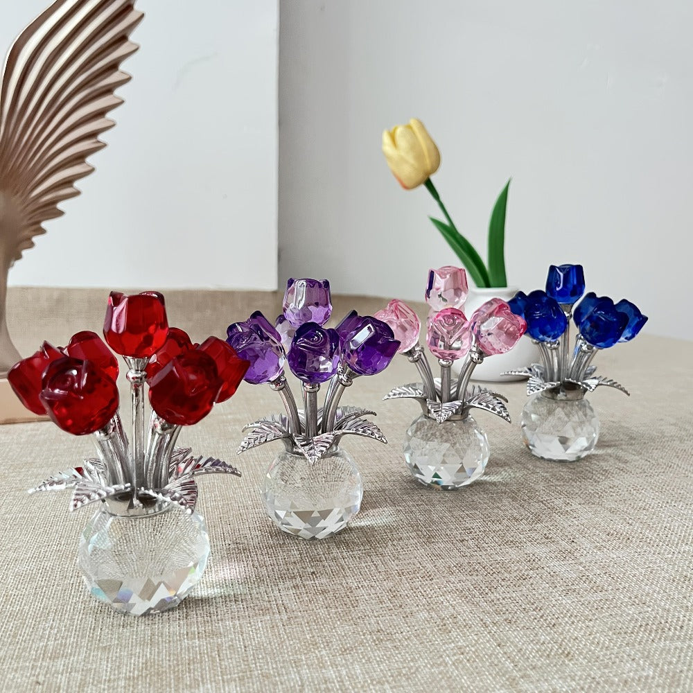 Glass Rose Sculpture Floral Home Decor ¨C Sparkling Leaves Art Figurine for Bedroom, Living Room, Valentine's Day Gift