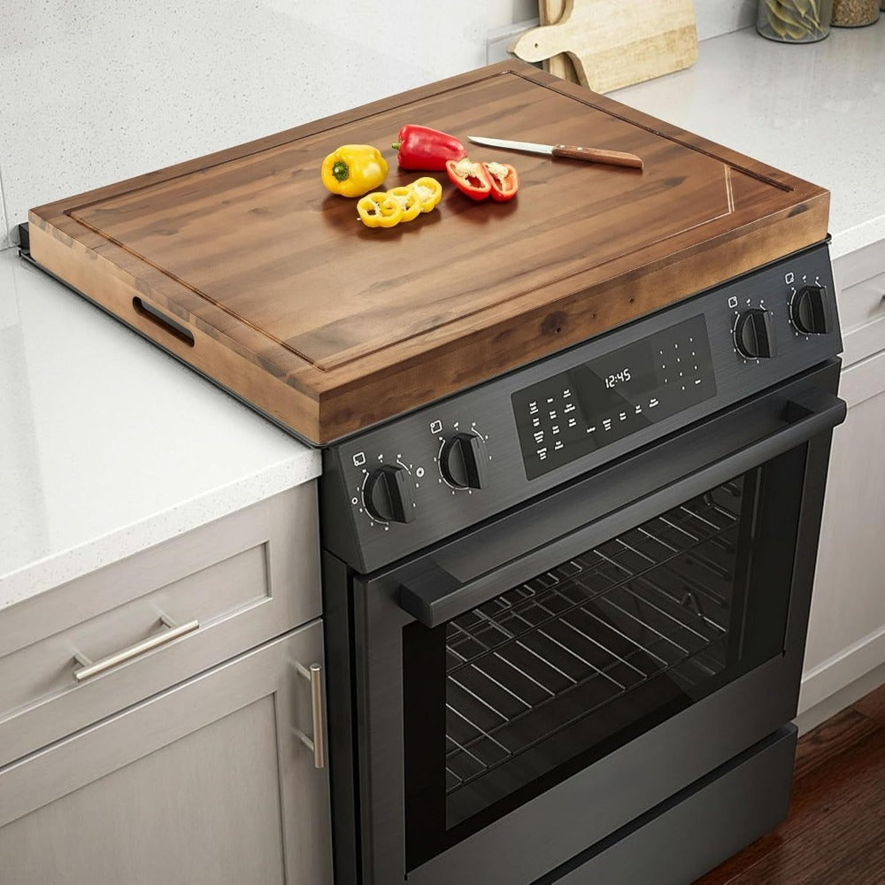 Acacia Wood Stove Top Cover Board 30x22 Inch, Gas Stove Cover with Handle Groove & Ventilation Holes, Extra Counter Space Cutting Board Serving Tray for Kitchen RV Camper, Multifunctional Charcuterie Board