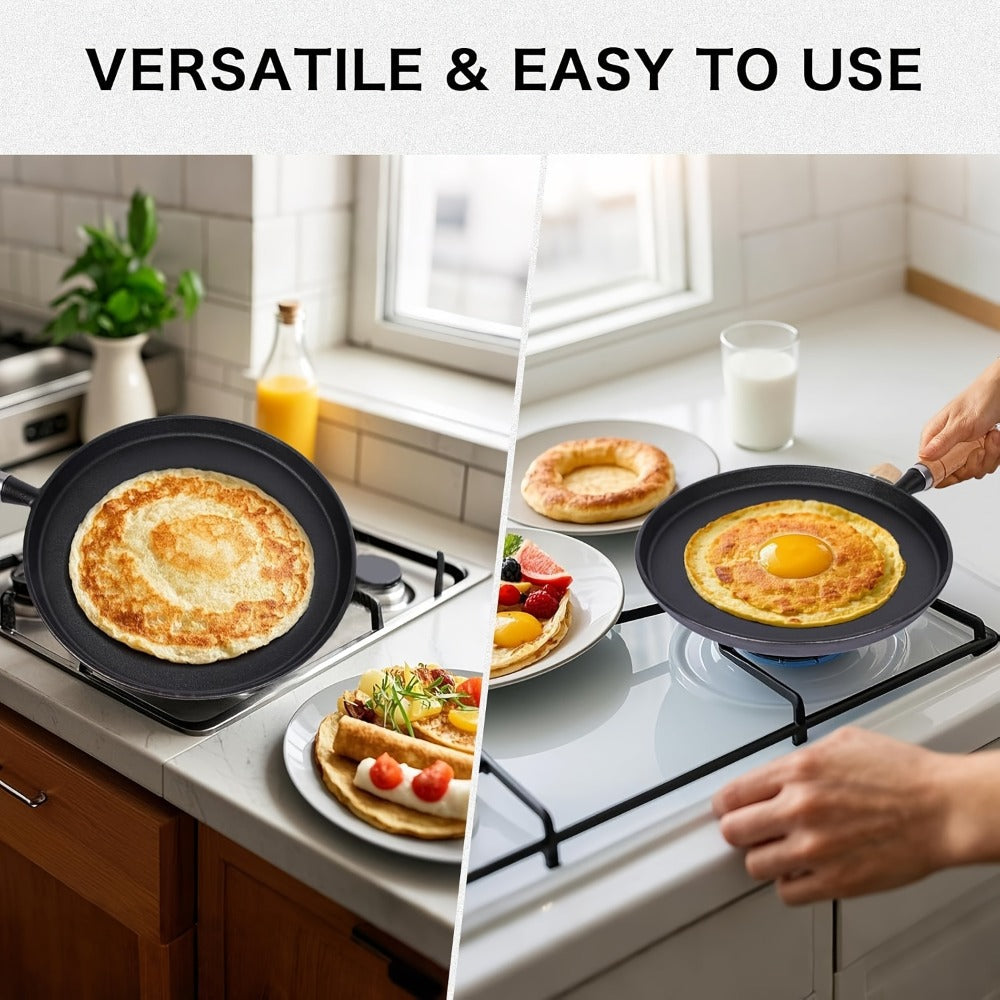 Cast Iron Skillet Non-stick Flat Pan 8.27/9.45/10.63 Inch for Pancakes Eggs & Crepes ¨C Induction Gas Campfire Compatible Breakfast Griddle Pan for Indoor Outdoor Cooking