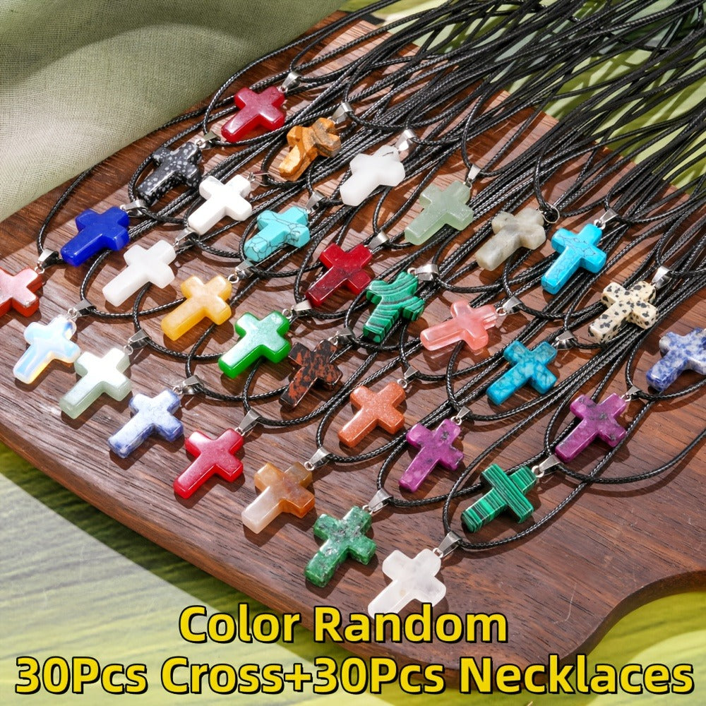 Crystal Natural Stone Pendant Necklace Set Bulk 60Pcs 30Sets Hexagonal Shaped Assorted Color for Jewelry Making Craft DIY Daily Wear Gift