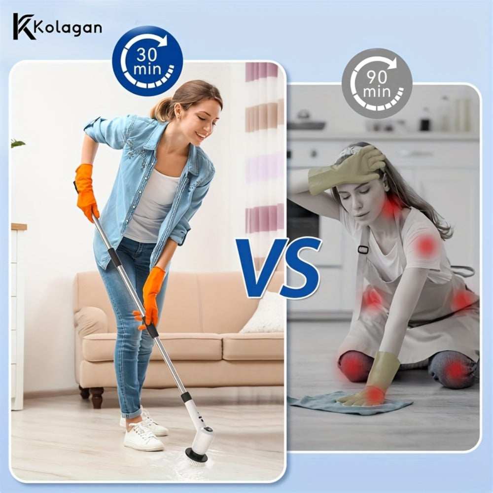 Electric Spin Scrubber 7-in-1 Cordless Rotary Cleaning Brush 7 Interchangeable Heads 3 Speed Settings Adjustable Extension Arm Power Display for Bathroom Shower Tile Grout Kitchen