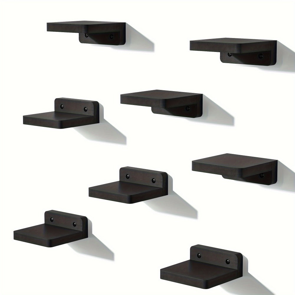 Wall Mounted Wooden Shelves Set of 8 - Small 4 Inch Floating Shelves for Bedroom, Bathroom, Kitchen & Office Decor and Storage, Rustic Style (Pure Black)