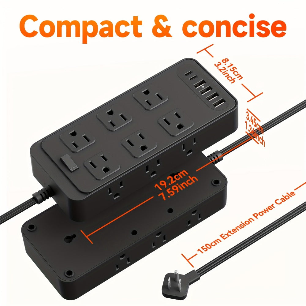 Charging Station Power Strip 18-in-1 with 12 AC Outlets 4 USB-A 2 USB-C Ports Surge Protector Flat Plug 5FT PVC Extension Cord Fire-Resistant for Home Office Travel Desk White Black