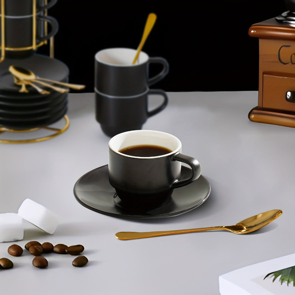Espresso Cups Set of 6 with Saucers, Spoons & Metal Stand, 4oz Stackable Ceramic Cappuccino Mugs for Double Espresso, Lungo & Afternoon Tea ¨C Matte Black & Matte White
