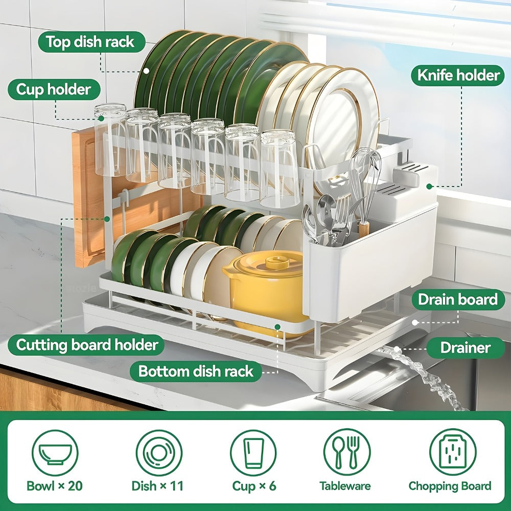 Two-Tier Dish Drying Rack with Drainboard - Metal Kitchen Dish Holder with Drainage for Countertop, Two-Level Dish Drainer for Plates, Cups & Utensils, Single or Double Layer, Black White Gray