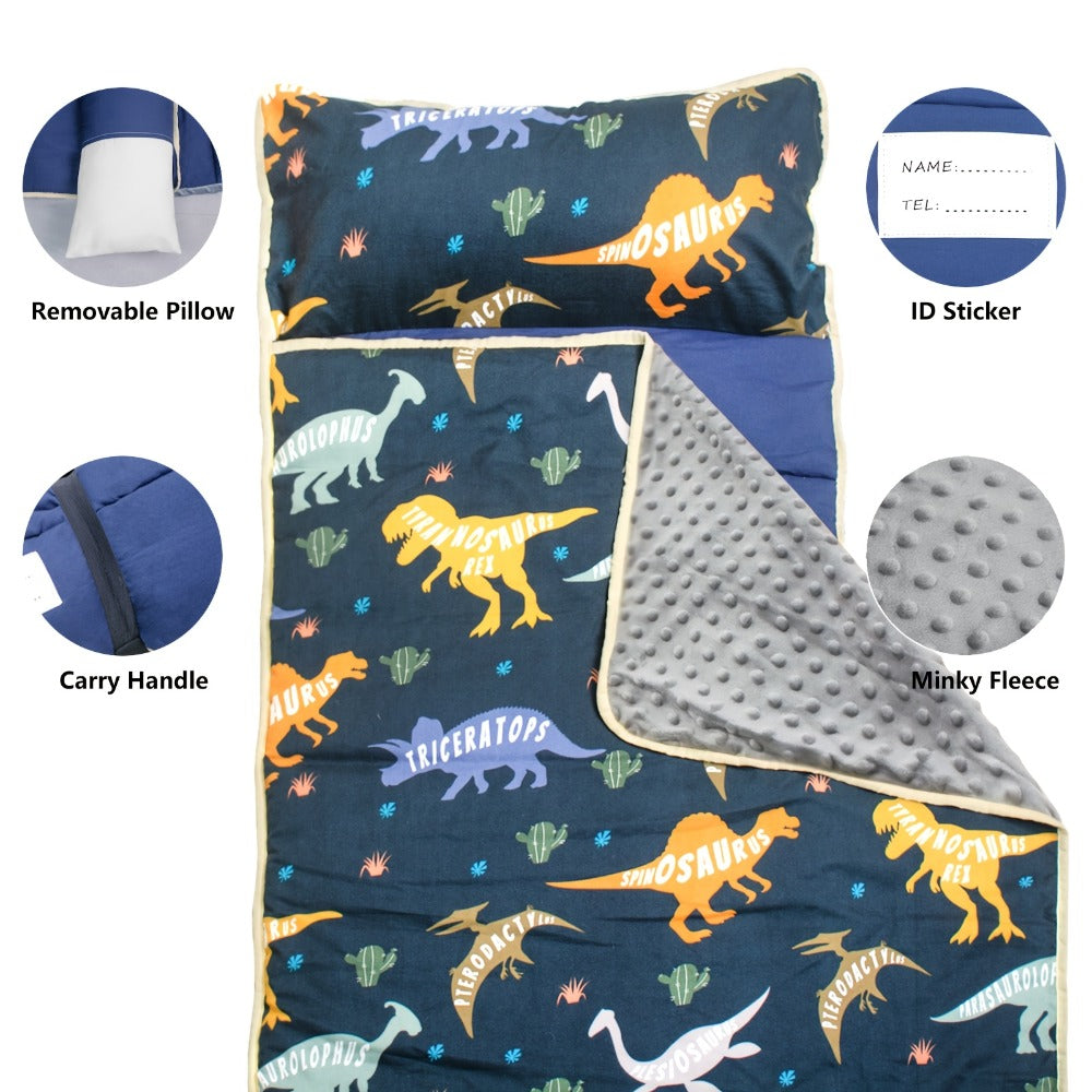 Kids Nap Mat with Pillow Foldable Lightweight Minky Dot Cooling Breathable Portable Preschool Daycare Mat with Name Tag Dinosaur Mermaid Swan Design Gift for Girls Boys Toddlers