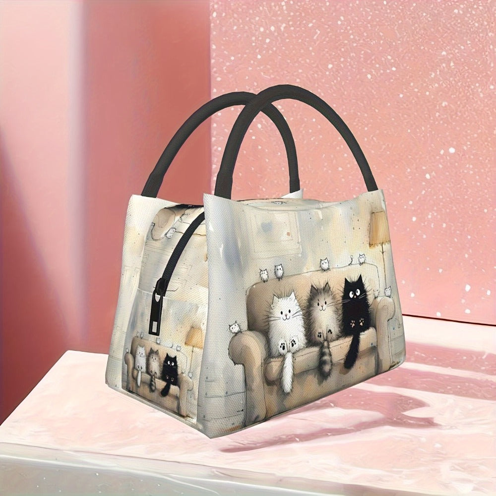 Insulated Lunch Bag with Cat Design - Reusable Polyester Lunch Tote for Women, Portable Cooler Bag for Work, Picnic, Hiking & Beach, Easy to Clean, Animal Print