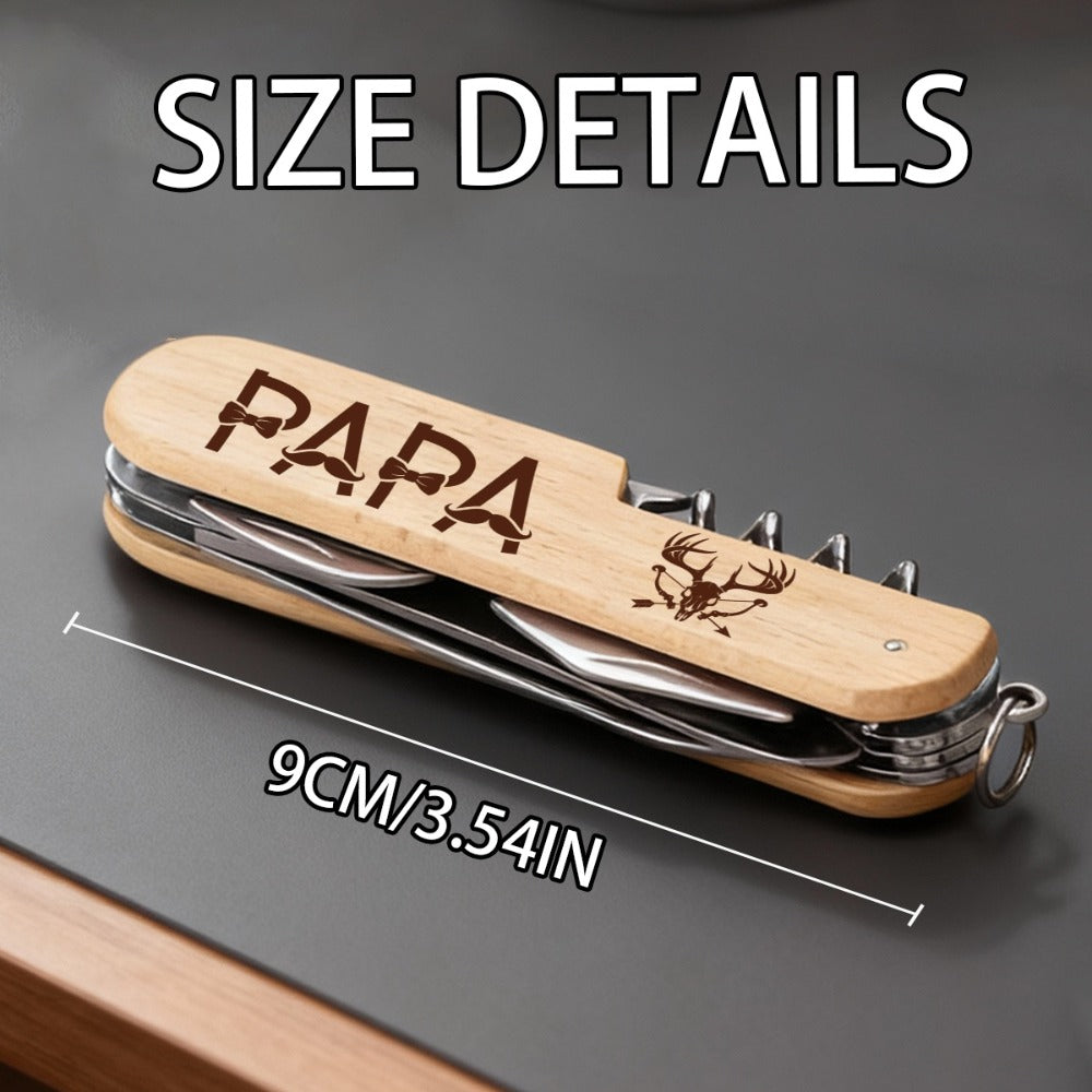 9-in-1 Multi-Purpose Keychain Tool Wood Handle Portable EDC Pocket Tool with Scissors Screwdriver Bottle Opener for Camping Hiking Emergency Home Outdoor Survival Lightweight Durable