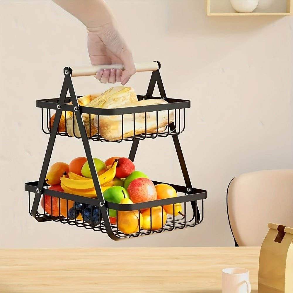 Metal Wire Bathroom Storage Basket with Wooden Handle Multi-Tier Countertop Organizer Detachable Fruit Basket Kitchen Pantry Bedroom Desk Organization