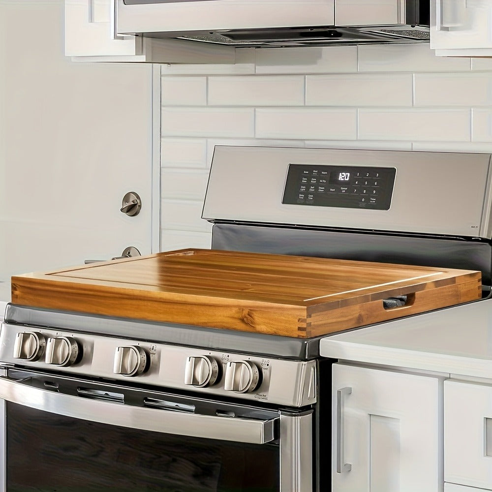 Acacia Wood Stove Top Cover Board 30x22 Inch, Gas Stove Cover with Handle Groove & Ventilation Holes, Extra Counter Space Cutting Board Serving Tray for Kitchen RV Camper, Multifunctional Charcuterie Board