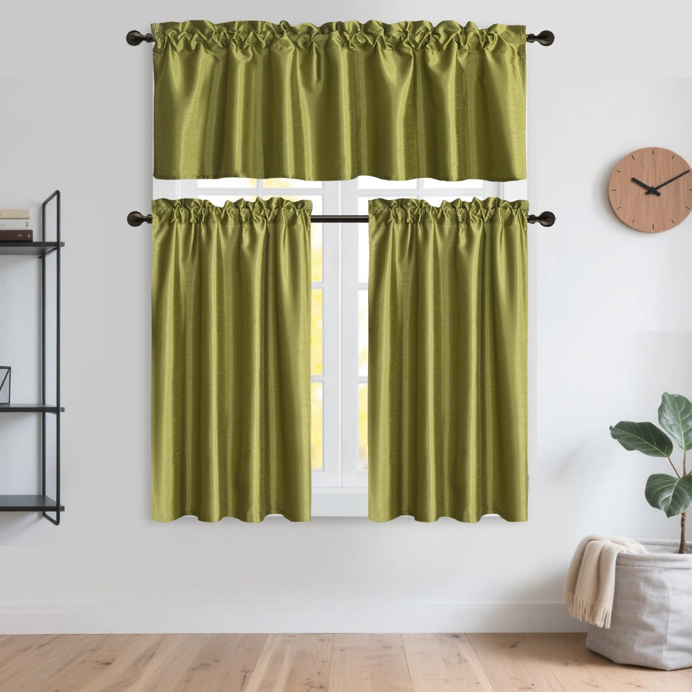Kitchen Curtains 3 Panels Faux Silk Sheer Tier and Valance Set Rod Pocket 2 Tiers 26x36 inch + Valance 52x14 inch for Kitchen Bathroom Window Drapes