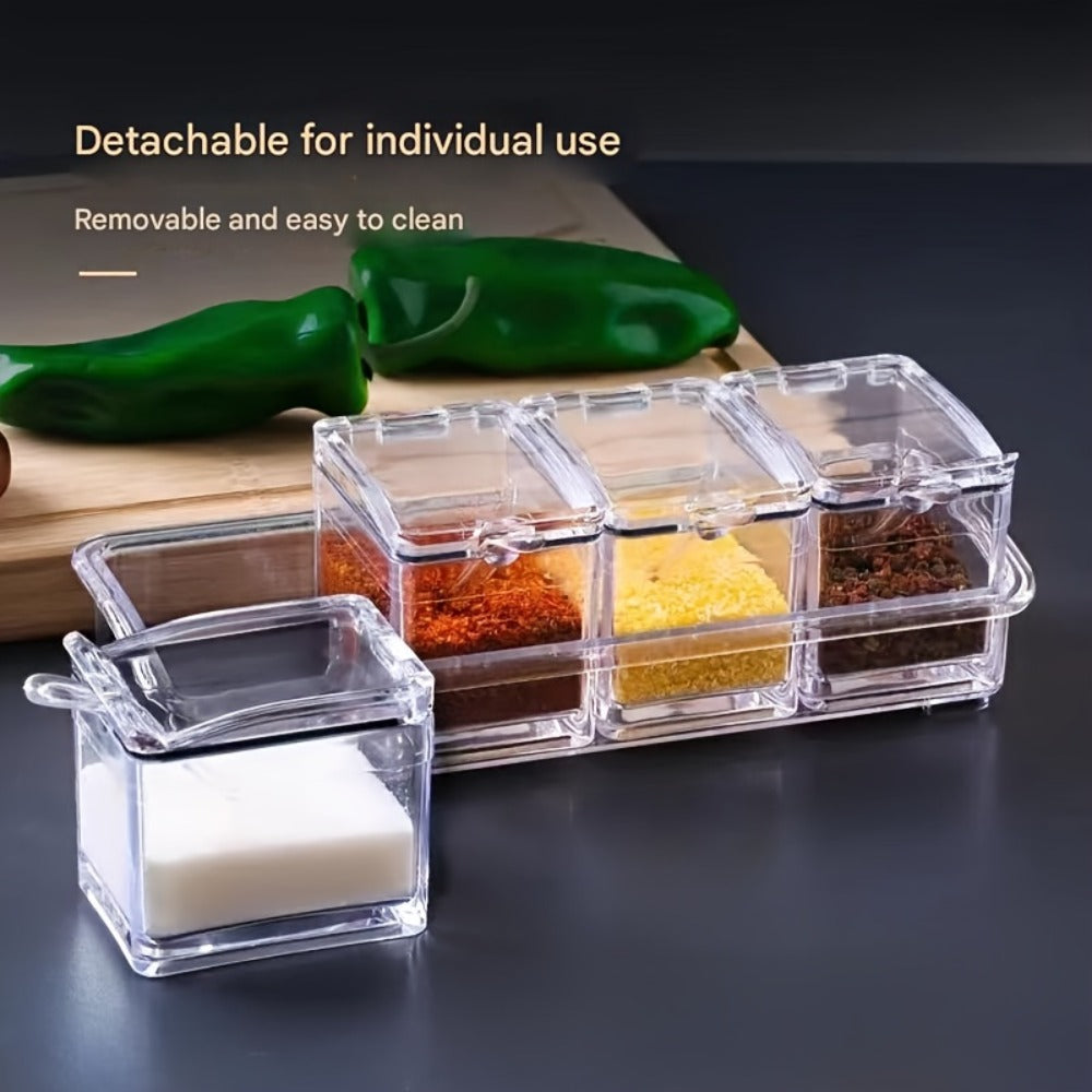Kitchen Seasoning Storage Box Set of 4 - Transparent Multi-Grid Moisture-Proof Spice Organizer with Flip Lid, Airtight Condiment Container for Home Kitchen Apartment