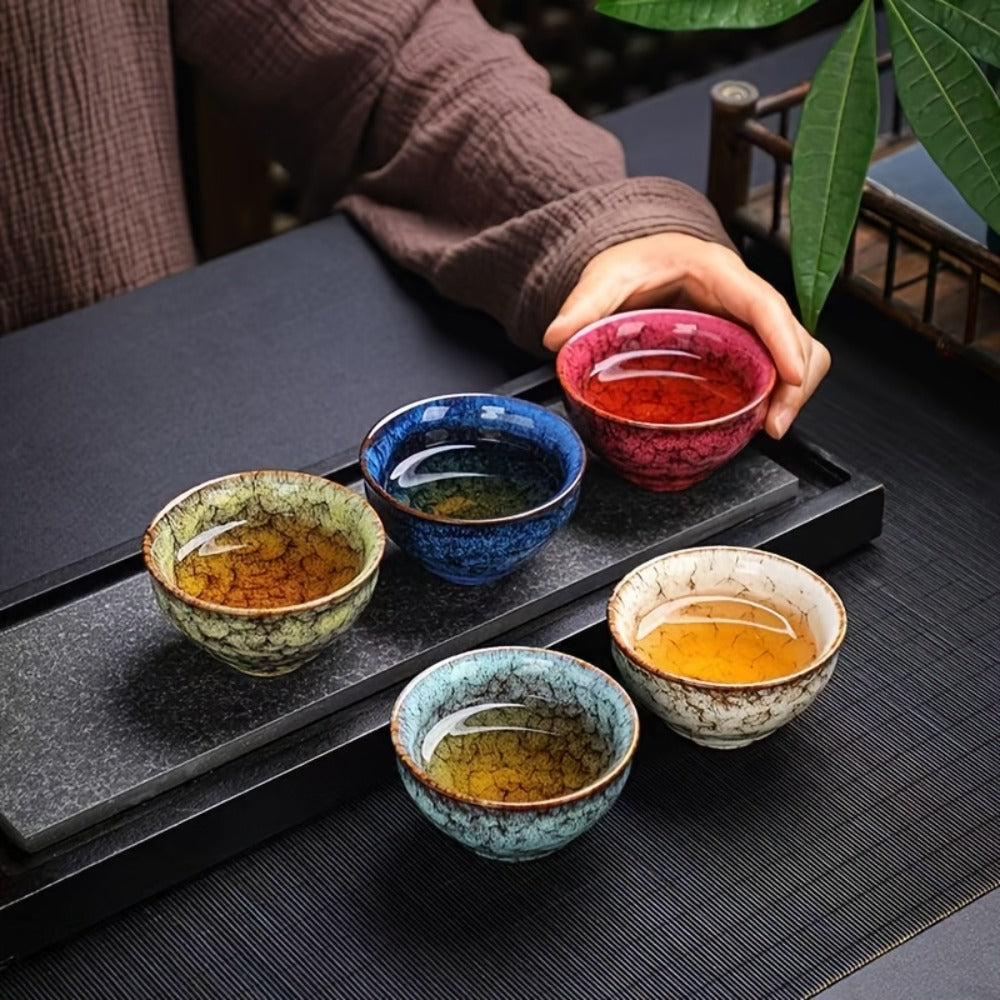 Kung Fu Tea Cups Set of 5 ¨C Handmade Kiln-Fired Jianzhan Ceramic Teacups ¨C Five-Element Design in 5 Colors with Gift Box ¨C Elegant Chinese Tea Ceremony Cup Gift for Business, Friends & Family