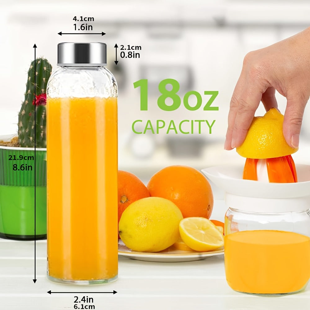 Glass Water Bottles 6 Pack 18oz with Stainless Steel Lids - BPA Free Leakproof Clear Reusable Juice Bottles Refrigerator Safe | Meal Prep Beverage Storage Smoothie Kombucha Home Kitchen