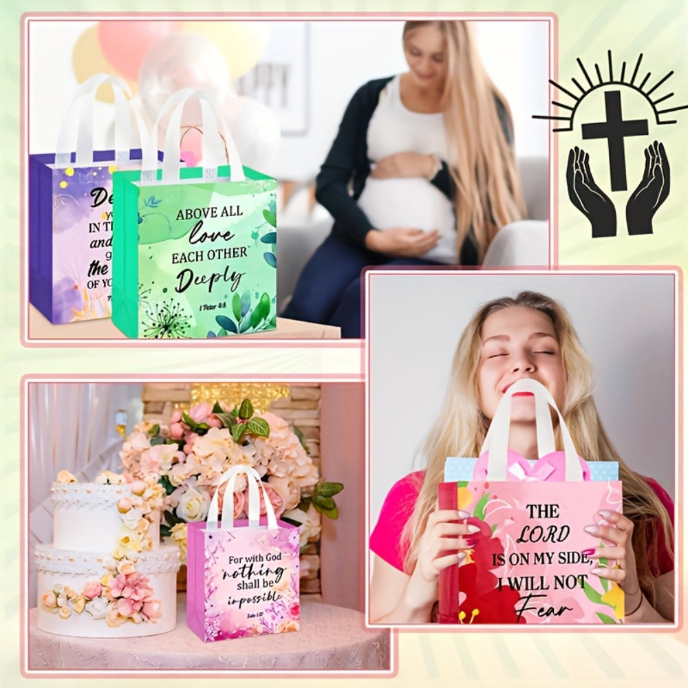 Religious Gift Bags with Handles Bulk 32 or 64 Pcs Bible Verse Flower Designs Reusable Non-Woven Tote Bags for Church Wedding Birthday Party Women Girls