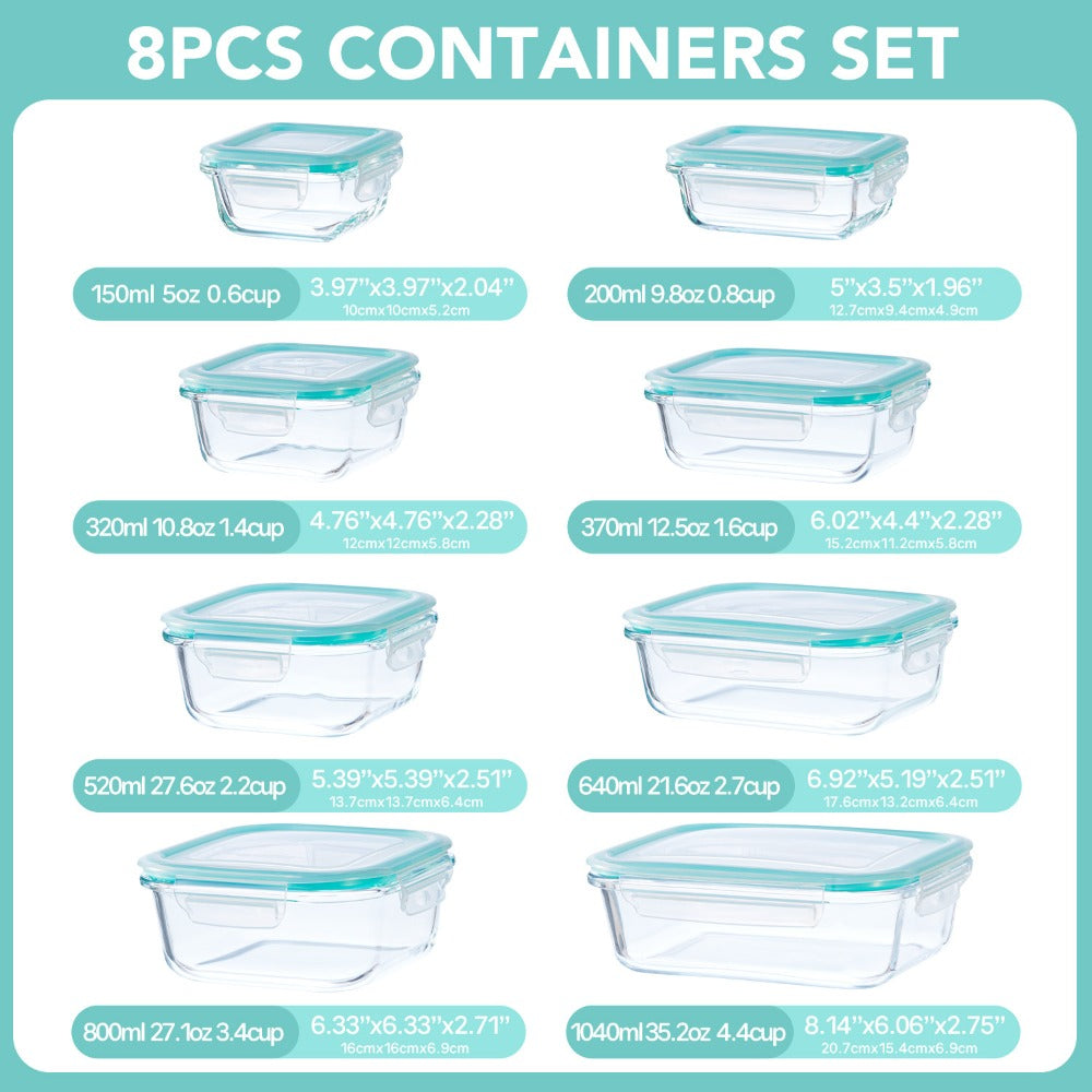 Glass Meal Prep Containers 16 Piece Set (8 Lids + 8 Containers) - Borosilicate Glass Food Storage with Leak Proof Lids, Oven Microwave Dishwasher Freezer Safe, BPA Free, Multiple Sizes