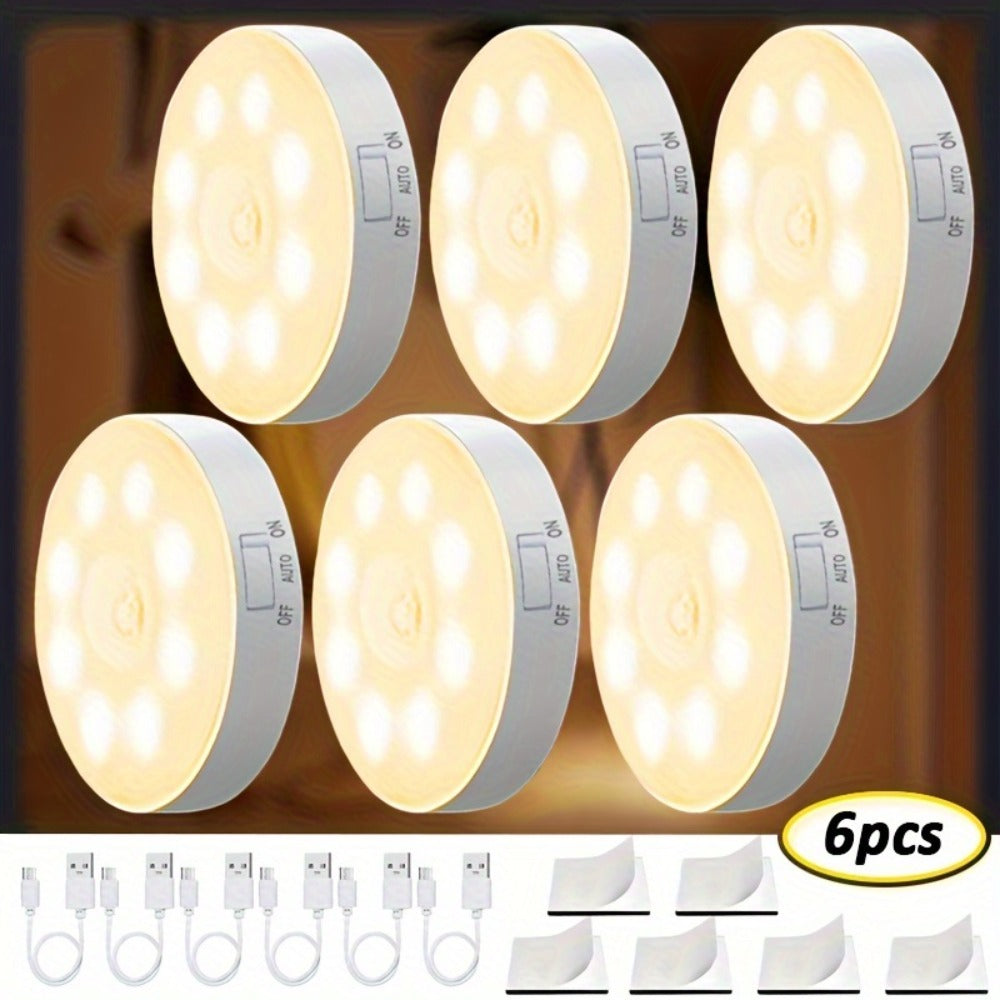 Motion Sensor Night Light 6 Pack Wireless Rechargeable 1000mAh - LED Step Lights with Motion & Light Sensor, Polished Plastic Sconce PVC Shade, Safe Night Lighting for Staircase Bedroom Cabinet Hallway