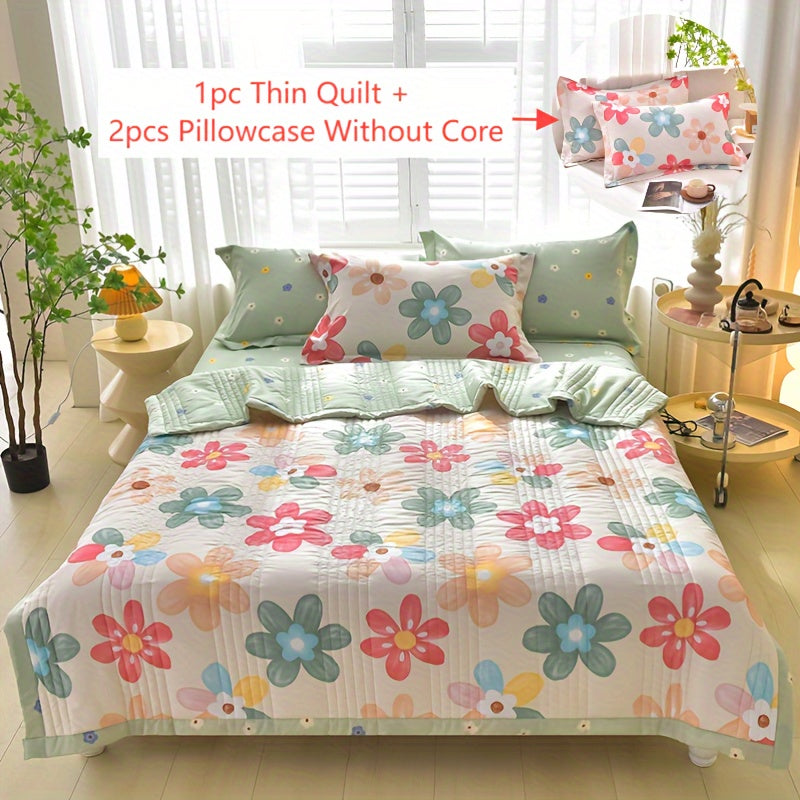 Quilt Set 3 Piece Summer Cooling ¨C Floral Printed Thin Comforter with 2 Pillowcases, Soft Skin-Friendly Bedding for Twin Full Queen King, All Season Lightweight Blanket for Bedroom Hotel Guest Room
