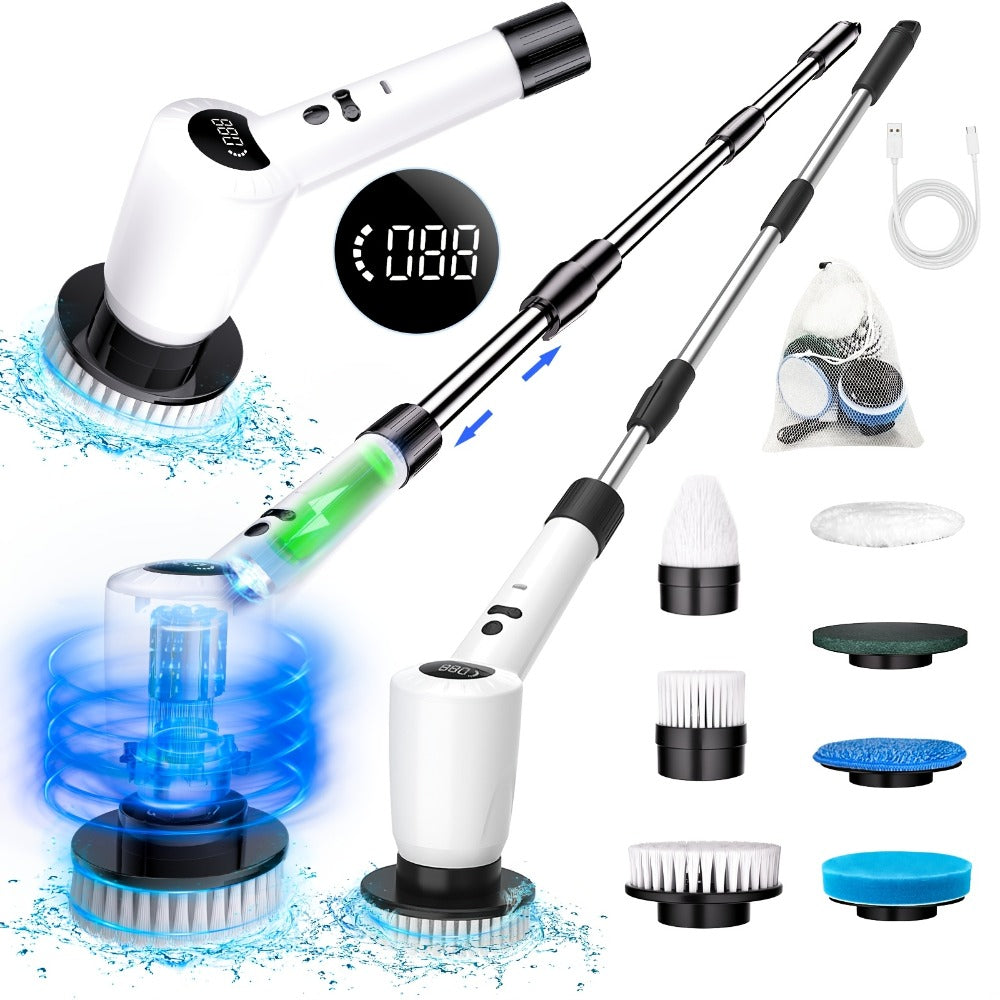 Electric Spin Scrubber 7-in-1 Cordless Rotary Cleaning Brush 7 Interchangeable Heads 3 Speed Settings Adjustable Extension Arm Power Display for Bathroom Shower Tile Grout Kitchen