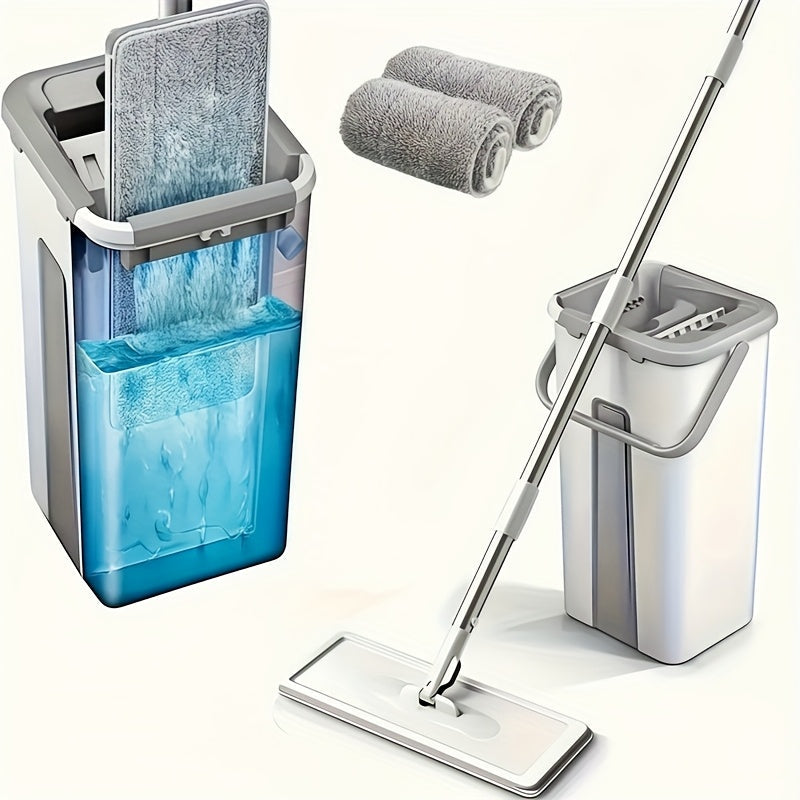 Flat Mop and Bucket Set with Wringer Metal Handle 2 Reusable Microfiber Pads Floor Mopping System for Bedroom Bathroom Kitchen Living Room Wall Floor Cleaning