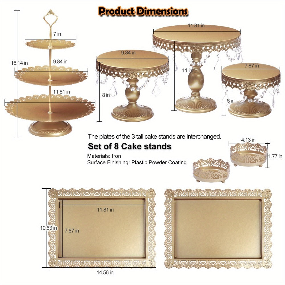 Cake Stand Set of 8 with Crystal Pendants 3-Tier Cupcake Tower Metal Dessert Display for Wedding Birthday Baby Shower Party Decor