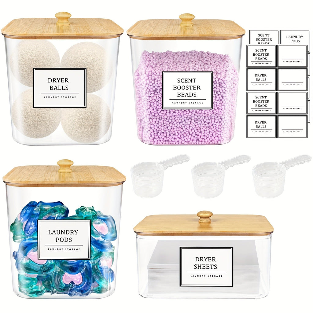 Laundry Pods Container & Dryer Sheet Holder Set with Bamboo Lids, Clear Laundry Room Organization Containers for Scent Booster, Powder, Pods ¨C 3+1 Pack