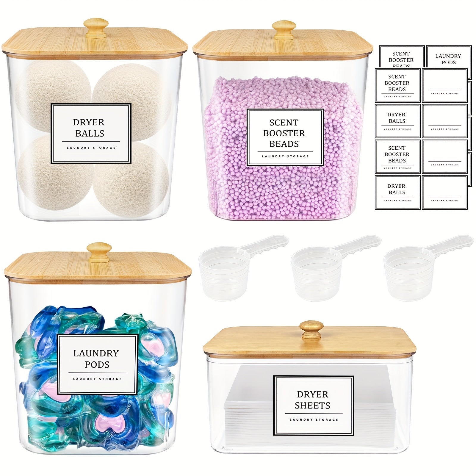 Laundry Pods Container & Dryer Sheet Holder Set with Bamboo Lids, Clear Laundry Room Organization Containers for Scent Booster, Powder, Pods ¨C 3+1 Pack