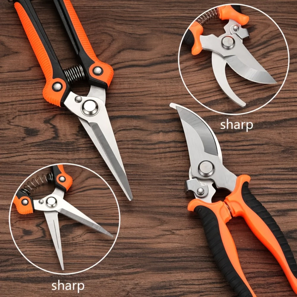 Gardening Pruning Tool Set 8 Piece Stainless Steel | Pruning Shears Scissors Pliers Ergonomic Handle with Wiping Cloth | Lawn Tree Garden Care Kit Orange Yellow Green