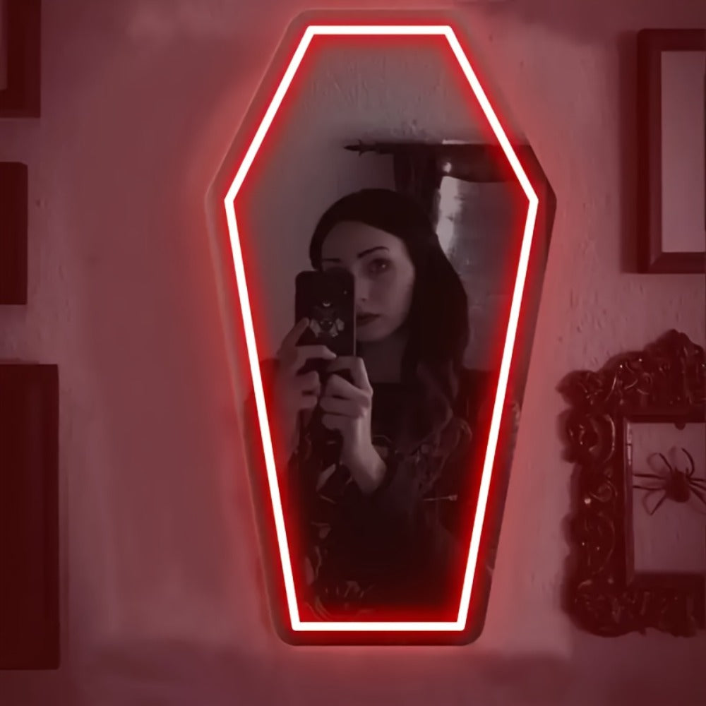 Gothic Coffin Shaped Neon Wall Mirror USB Powered LED Neon Light Mirror Irregular Decorative Art Mirror for Dark Gothic Aesthetic Bedroom Wall Decor Halloween Gift Cold White