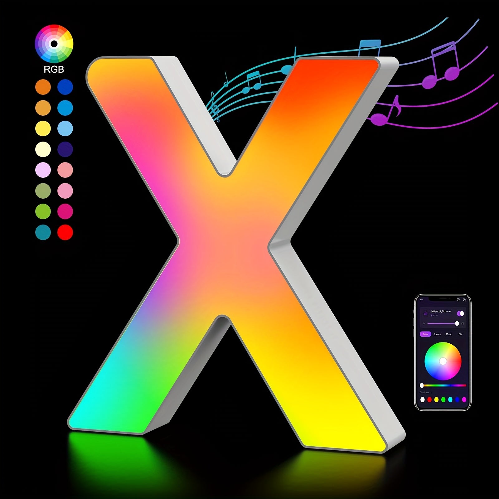 LED Letter Lights Music Sync - Colorful Flashing Marquee Alphabet Lights for Room Decor, Party, Bedroom, Festival & Camping, Numbers 0-9 & A-Z & Symbols Available, Night Light Wall Decoration