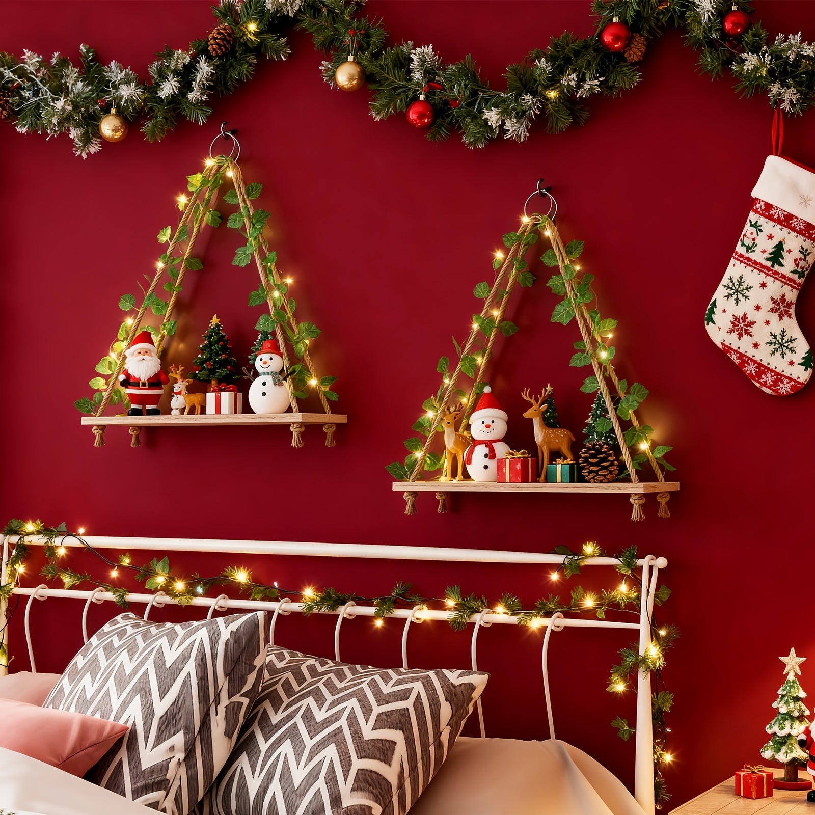 Floating Wall Shelves with Artificial Ivy LED Strip Lights Macrame Boho Wood Hanging Shelf Plant Wall Decor Bedroom Living Room Bathroom 15.7 Inch