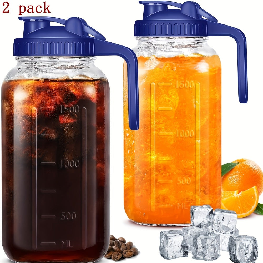 64oz Mason Jar with Handle and Lid 2/3 Pack ¨C BPA-Free Borosilicate Glass Beverage Carafe, Leak-Proof Drinking Jar for Juice, Water, Iced Tea