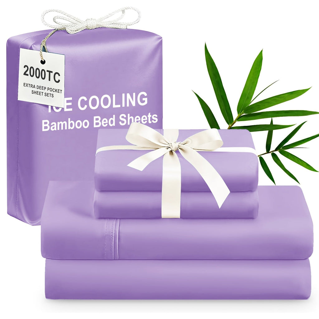 Bamboo Cooling Bed Sheet Set 4pcs Extra Deep Pocket Breathable Fitted Sheet Flat Sheet Pillowcases for Hot Sleepers Twin Full Queen King