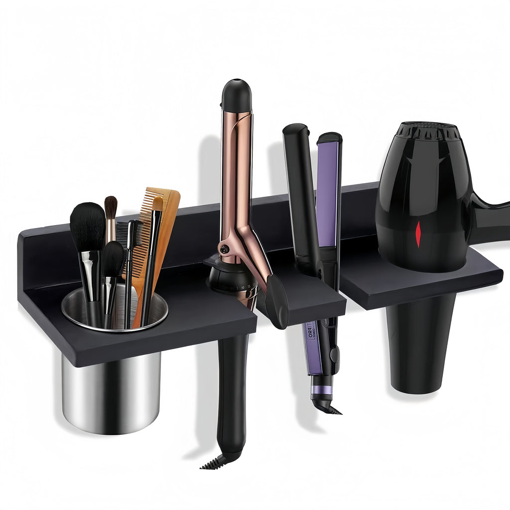 Wall Mounted Hair Tool Organizer ¨C Wooden Hair Dryer Holder & Storage Rack for Curling Iron, Straightener & Brushes, Rustic Bathroom Salon Shelf (Brown & Black)