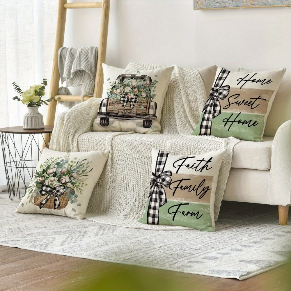 Farmhouse Throw Pillow Covers 4pcs Set Rustic Linen Eucalyptus Leaves Botanical Square Cushion Cases Decorative Pillow Covers for Living Room Bedroom Couch Sofa Home Party Decor Single-Sided Print No Insert