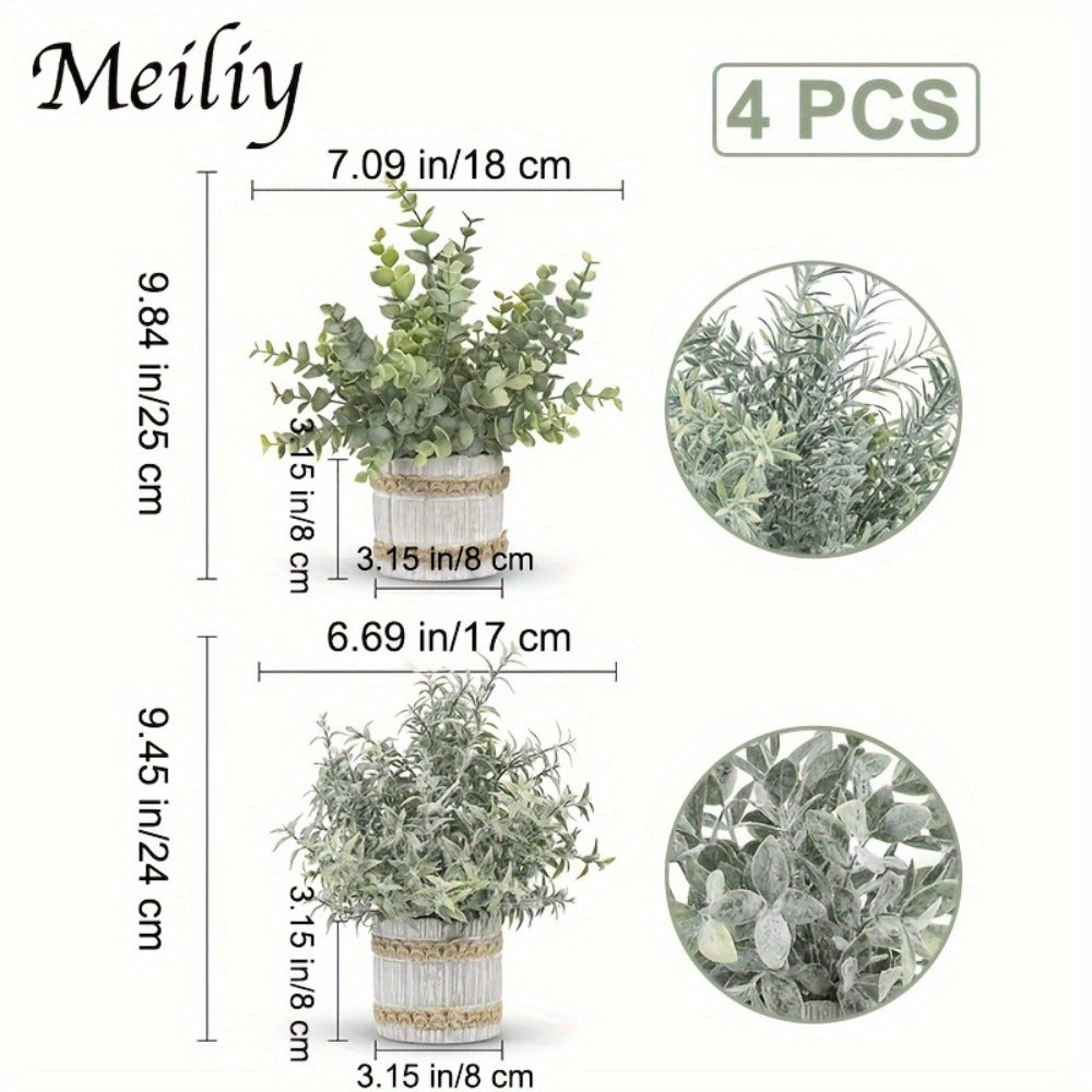 Mini Artificial Potted Plants 4 Pack ¨C Realistic Fake Greenery in White Pots for Home, Office & Party Decor | No Watering Needed Low-Maintenance Indoor Outdoor Faux Plant Set | Housewarming Gift