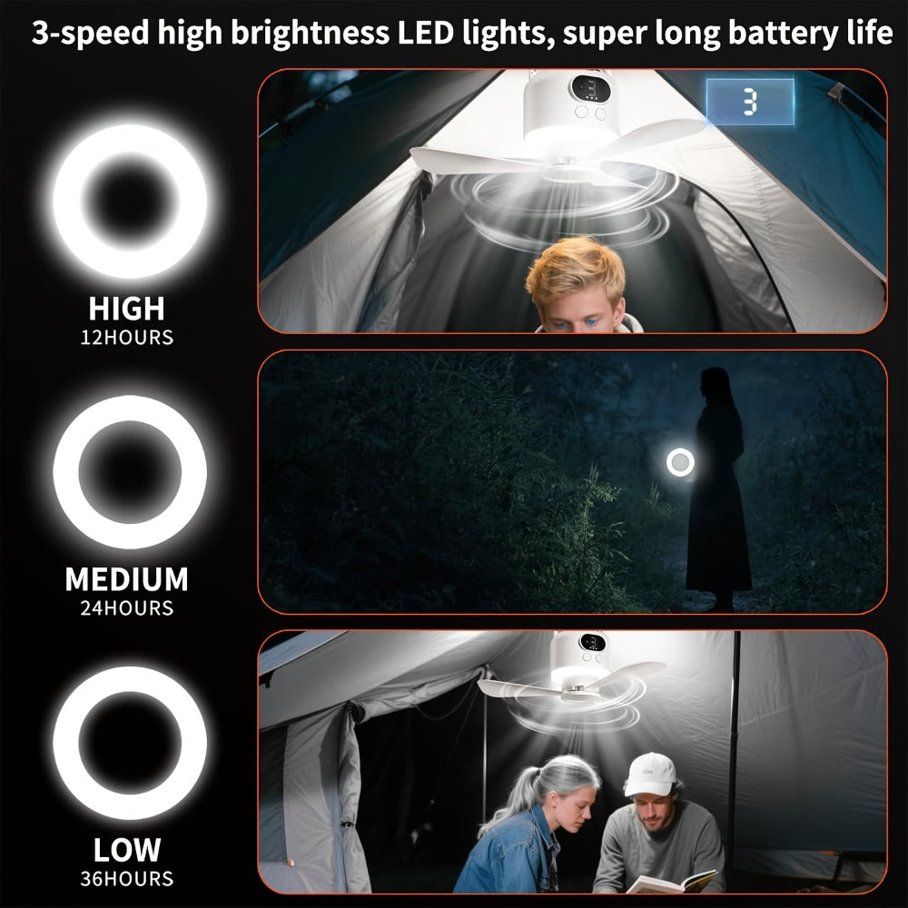 Portable Camping Ceiling Fan 10400mAh USB Rechargeable Remote Control 4-Speed Mute Fan Lamp with Phone Charging for Outdoor Tent Dorm Home White Dark Green