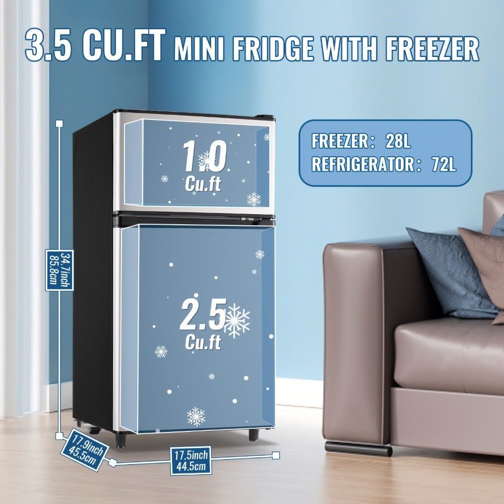 Small Fridge with Freezer, 2-Door Compact Refrigerator with 7-Level Adjustable Thermostat, Removable Shelves & Basket ¨C 2.5 or 3.5 Cu Ft Silver Mini Fridge for Dorm, Office, RV and Bedroom