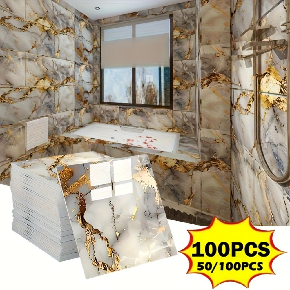 Peel and Stick Wall Tiles 50/100pcs Waterproof PVC Marble Self Adhesive Vinyl Tile Stickers for Bathroom Kitchen Living Room, TV Backdrop Shower Wall Panels Modern Home Decor Easy Installation