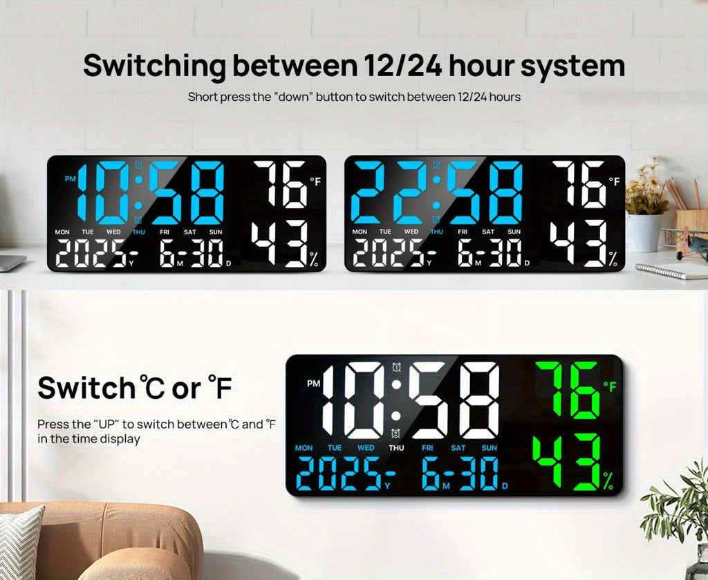 Large Digital Wall Clock with Remote Control ¨C 14.6¡± LED Display Dual Alarm Clock with Night Light, Temperature, Humidity, Date & Week ¨C RGB Color-Changing Bedroom & Living Room Clock Gift for Elderly