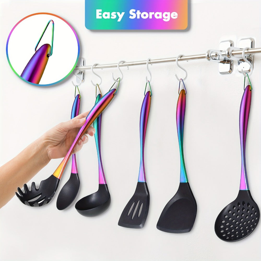 Silicone Cooking Utensils Set 17 Piece Rainbow Titanium with Rotating Holder - Heat Resistant Non-Stick Spatulas, Ladle, Skimmer, Turner & Measuring Cups and Spoons with Stainless Steel Handles