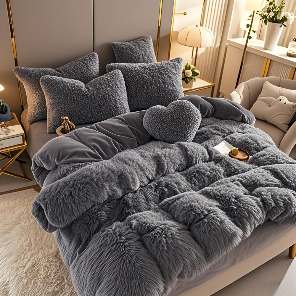 Fluffy Bedding Set 4pcs Soft Warm Plush Duvet Cover with Pillowcases Queen King - Cozy Autumn Winter Comforter Set 8 Colors