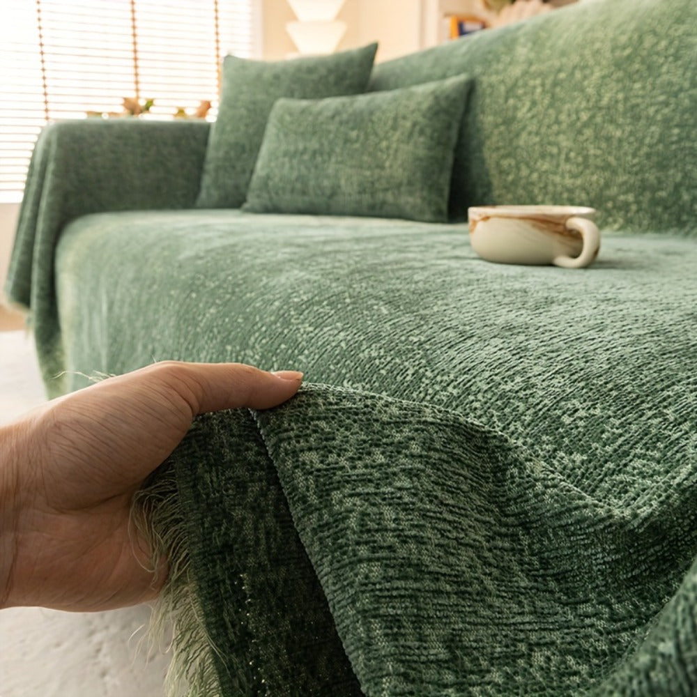 Chenille Sofa Cover with Fringe 300GSM - Super Soft Pet Friendly Solid Couch Slipcover for Single 2 4 Seater Living Room Decoration, 4 Colors